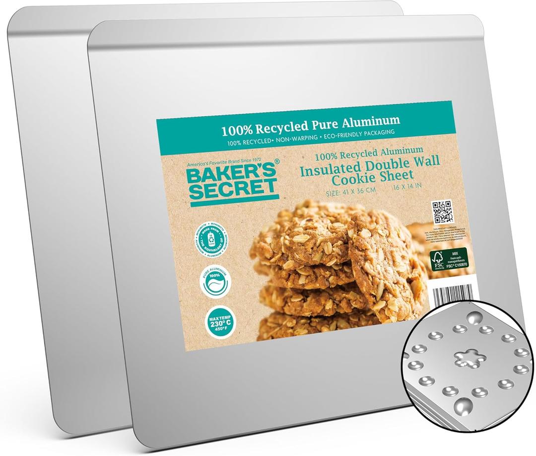 Baker's Secret 2pcs Pure Aluminum Insulated Cookie Sheet Commercial Grade, 100% Recycled Aluminum Cookie Sheet Extra Thick - The Natural Aluminum Collection
