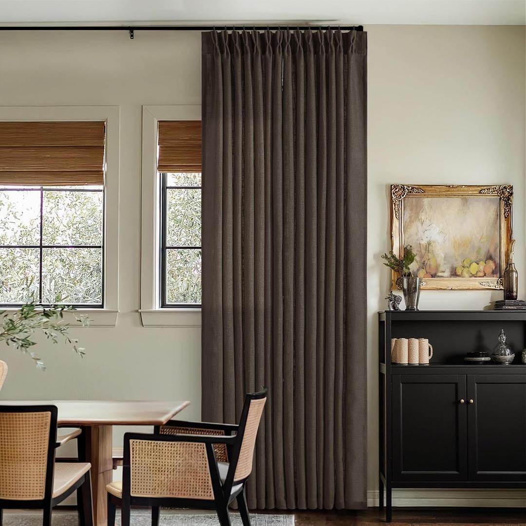 Dark Chocolate Pinch Pleated Linen Curtains 2 Panels for Living Room Bedroom Memory Training Shaped Semi Sheer Pleat Drapes with Hooks Rings Light Filtering Window Curtain 40x102