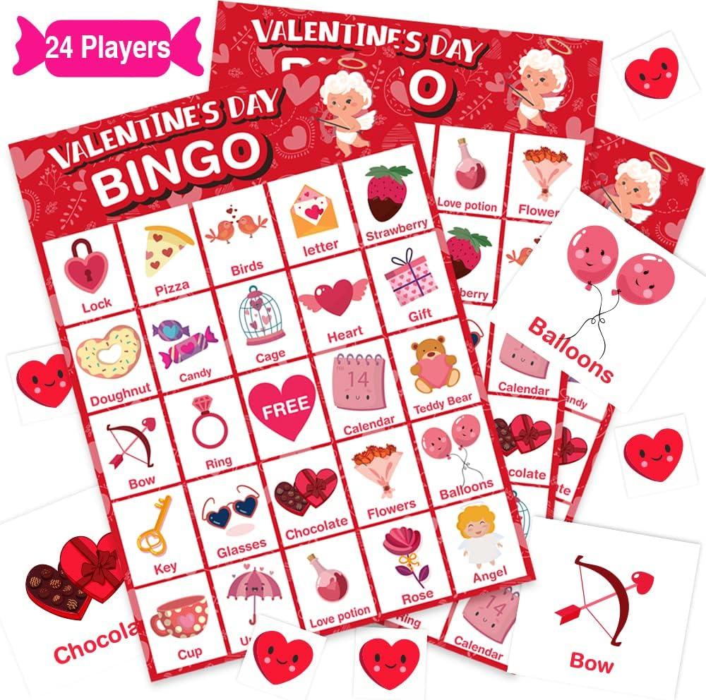 VOpitos Valentines Day Large Size Bingo Game Card for Kids/Adults, 24 Players  Valentine Game for Family/School Classroom/Large Group, Valentine Party Favor for Boy/Girl