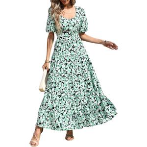 PRETTYGARDEN Puff Short Sleeve Cewneck Floral Long Fall Dresses for Women 2025 Flowy Tiered Hem Maxi Wedding Guest Dress (Medium, Black Green Flower)
