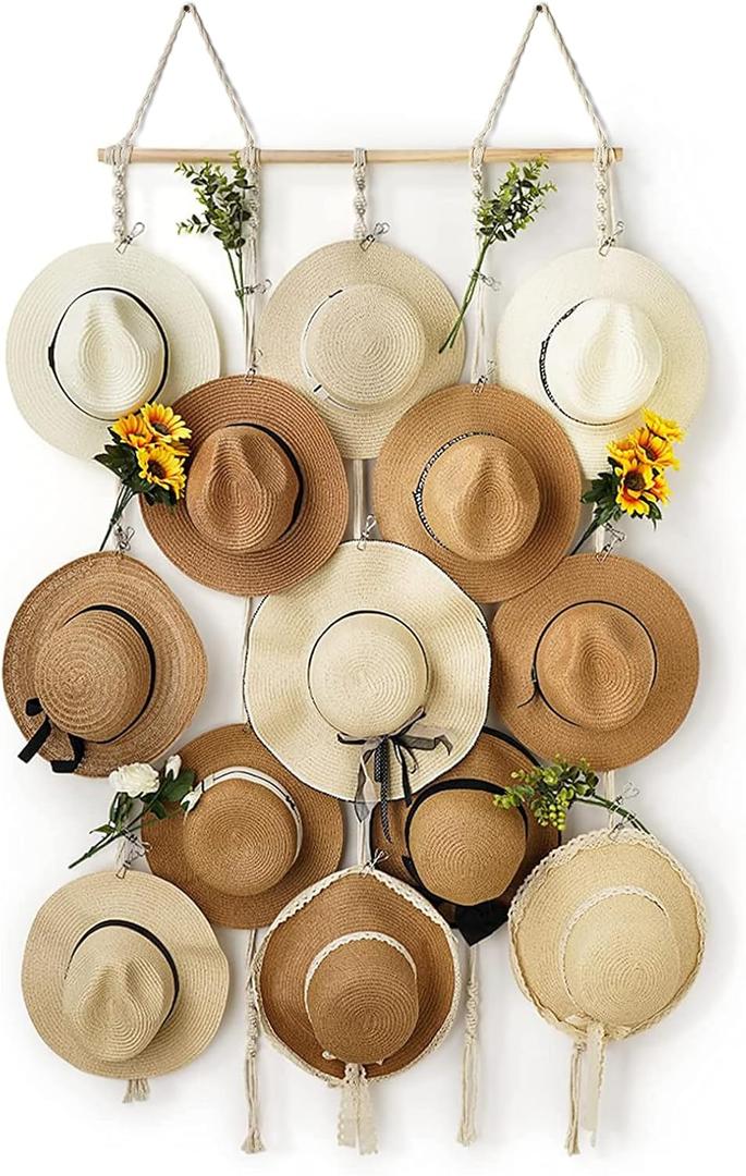 HYDERMUS Macrame Hat Rack for Wall 31x53 in Hat Organizer with 15 Clips Hanging Hat Hanger Holder for Women Wide Brimmed Hat Storage for Fedora Boho Decorative Display (White)