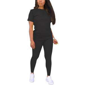 TOPONSKY Women Two Piece Workout Outfits Sports Long-Pants & Short-Top Sets (Black, M)