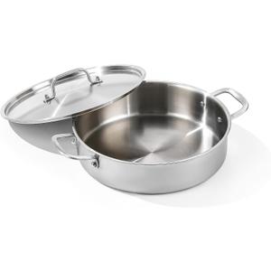 DELARLO Tri-Ply Stainless Steel 6 Quart Braiser Pan with Lid Induction Rondeau Pot With Lid 12inch Deep Frying Pan Large Saute Pan Heavy Duty Style Compatible With All Cooktops Up to 650