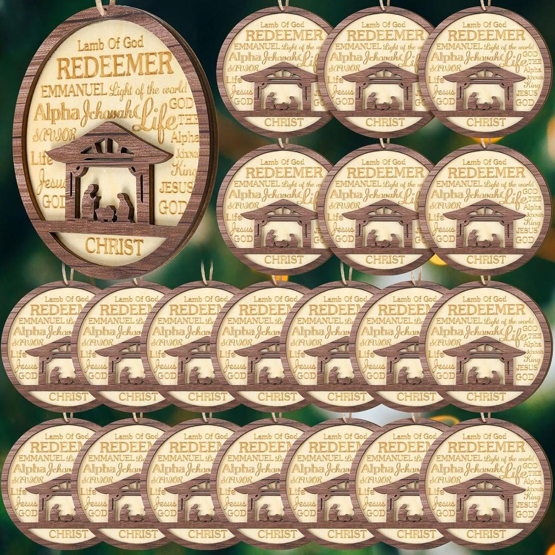 24 Pack Christmas Nativity Scene Ornaments Bulk Wooden Christian Religious Catholic Gifts Nativity Story Jesus Mary Joseph Set Acrylic 3D Christmas Tree Decor Xmas Gifts (4 Inch)