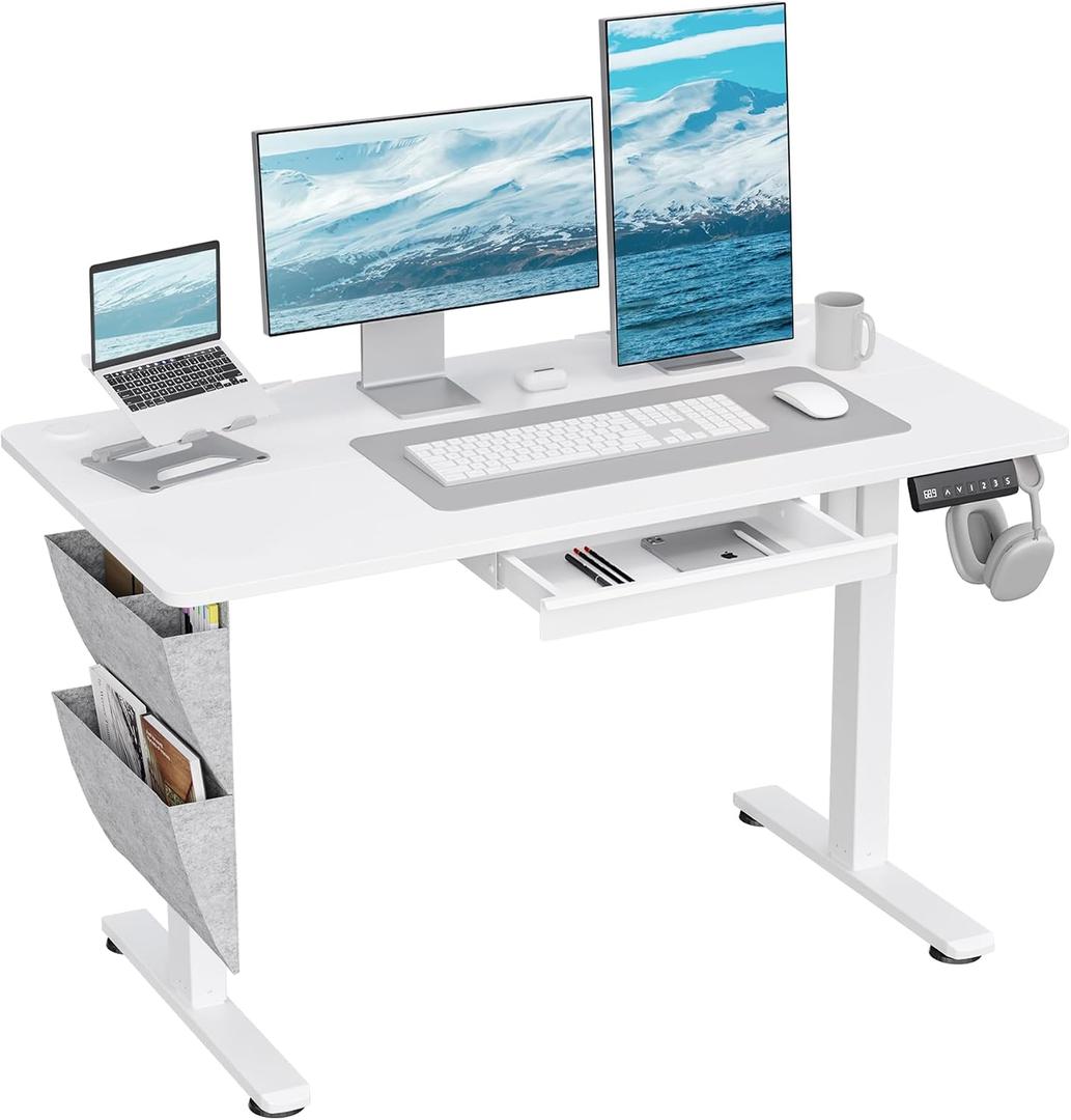 48" x 24" Electric Standing Desk with Drawers, Height Adjustable Sit Stand Desk with 3 Preset Heights Side Hook Storage Pocket Cable Clips Ergonomic Rising Home Office Computer Table, White