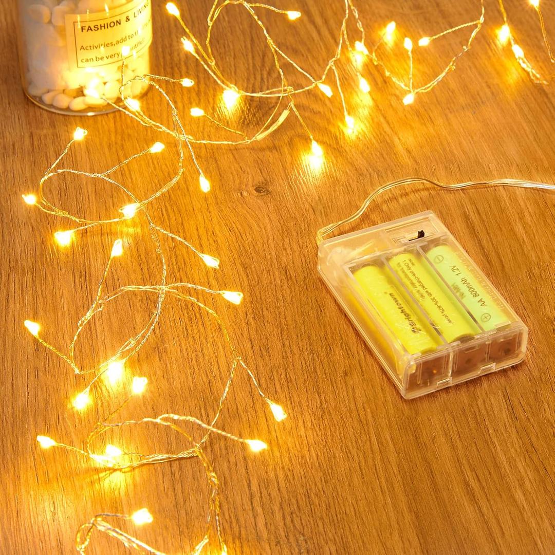 Fairy Lights Battery Operated, 60 LED Fairy String Lights Waterproof Silver Wire 5 Feet Firecracker Starry Light for DIY Wreath Home Wedding Bedroom Mason Jar Holiday Christmas Ramadan Decorations (Warm White)