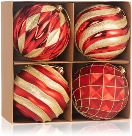 6" Red and Gold Christmas Ball Ornaments Set, 3Pcs Extra Large Xmas Tree Decoration, Oversized Shatterproof Luxury Decorative Hanging Ornament Bulk for Party Holiday Wreath Garland Home Décor