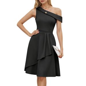 Dressystar Women One Shoulder Ruffle Wedding Guest Dress Spring A Line Wrap Knee Length Cocktail Formal Dresses with Pockets Black S (S)
