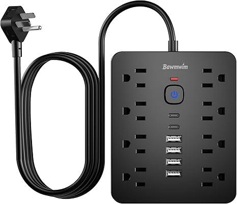 Bawmwim Surge Protector Power Strip, 8 Outlets(1250W/10A), 6 USB Charging Ports(2 USB C), 6FT Flat Plug Extension Cord Outlet Extender with Overload Protection, ETL Certified for Office, Dorm Room