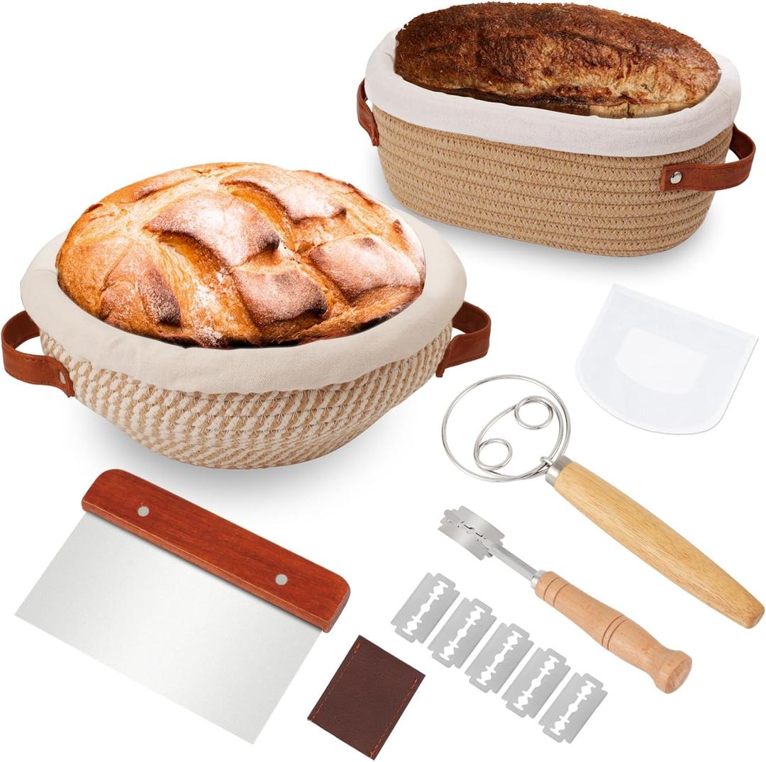 Banneton Bread Proofing Basket Set 9 Inch Round and 10 Inch Oval Sourdough Proofing Baske Bread Baking Supplies with Danish Whish Bowl Scraper Dough Scraper for Bread Making Baking Fermentation