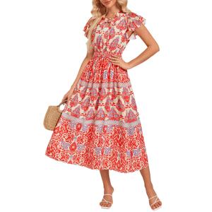 Women's Summer Boho Flowy Swing Tiered Long Maxi Vacation Dresses with Pocket Red Bohemia L