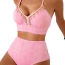 Herseas Women's Seashell Textured Bikini Sets Stitching Ribbon Shell Decoration Swimsuits High Waisted Bathing Suits (Baby Pink)