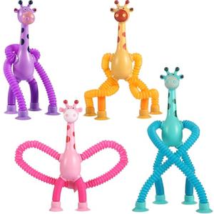 XONTEUS 4Pcs Giraffe Pop Tube Sensory Toys, Telescopic Suction Fidget Toys for Autism, Toddler Travel & Airplane Activities, Valentines Day Gifts for Kids Easter Basket Stuffers for Boy & Girl