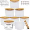 CONNOO 8 Pack 12 OZ Frosted Glass Wide Mouth Candle Jars for Making Candles with Airtight Bamboo Lids Nice Sticky Warning Labels for Candle Making Empty Container Bulk - Dishwasher Safe