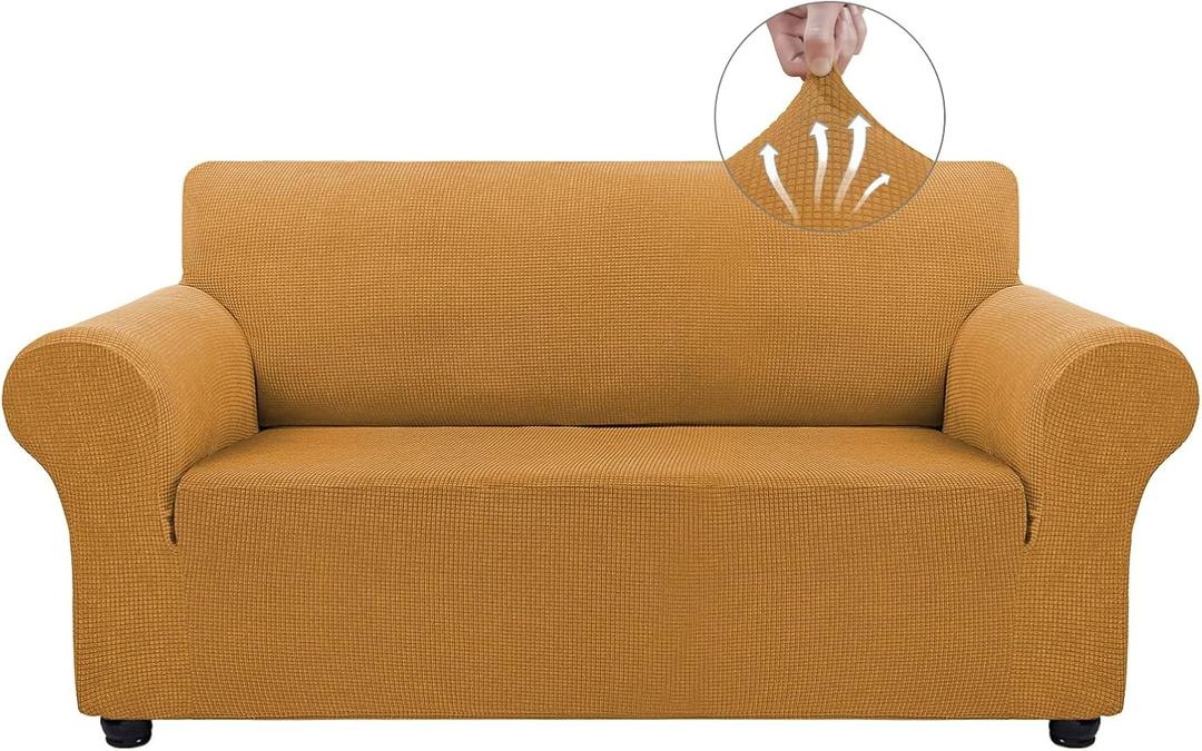 Asnomy Sofa Covers for 2 Cushion Couch Stretch loveseat Covers Slipcovers, Pet Protector Furniture Covers for Dogs Cats Spandex Jacquard Fabric Small Checks Medium Golden
