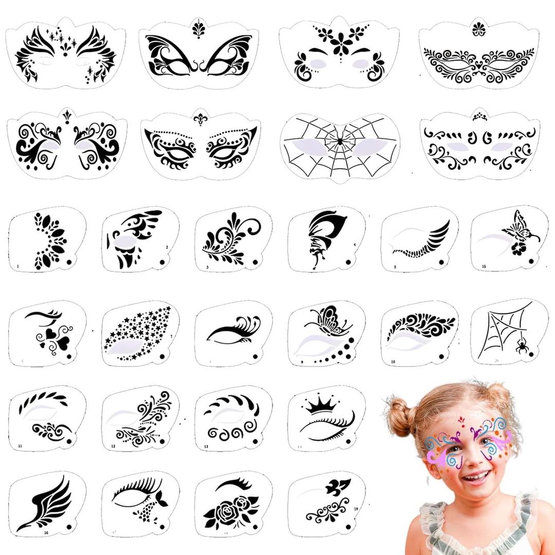 28 Pcs Face Paint Stencils Kit - Reusable Face Tattoo & Body Makeup Painting Templates for Kids & Adults - Mix01