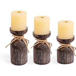 Farmhouse Wooden Candle Holders for Pillar Candles, Brown Distressed Set of 3 Rustic Wood Pillar Wood Candle Stands with Hemp Rope Bow Table Centerpiece Decor for Fireplace, Living, and Dining Room (Break White)