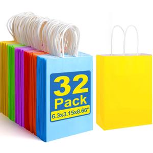 XPCARE 32Pcs Paper Gift Bags, 6.3"x3.15"x8.66" Kraft Paper Party Favor Bags Bulk Rainbow Goodie Bags Small Gift Bags with Handles for Kids Birthday Baby Shower Crafts Wedding Party Supplies (6 Colors)