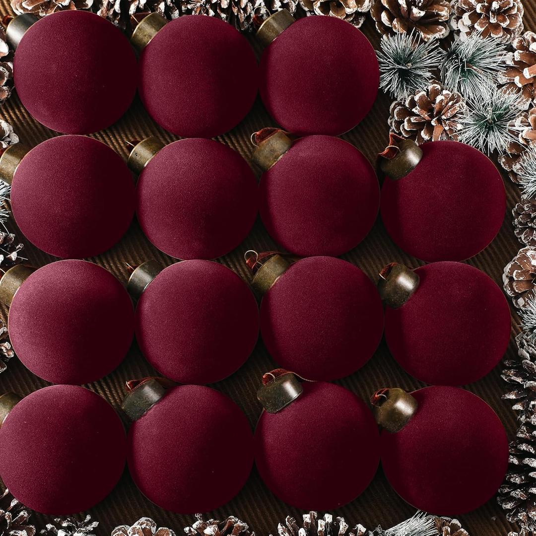 Liliful 15 Pcs Velvet Christmas Balls Bulk Flocked Christmas Tree Ball Ornaments Plastic Xmas Decorative Hanging Ornaments (Burgundy) (3.15 Inch), 15 Pieces