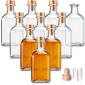 10 Pcs 8 oz/ 250 ml Clear Glass Bottles with T Top Cork Stoppers Square Empty Liquor Bottles with Heat Shrink Capsules Airtight Refillable Bottle for Vodka Whiskey Juice Oil Soda Bear Wine
