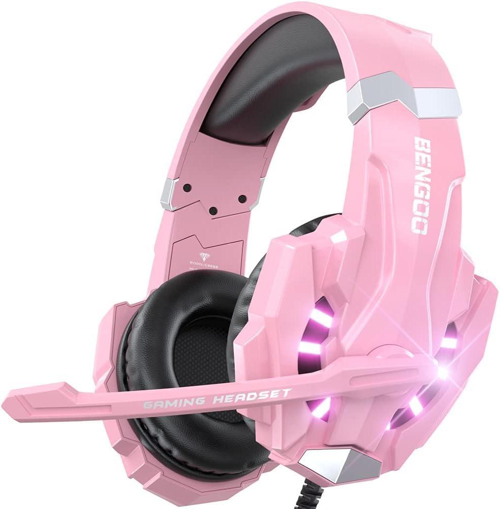 BENGOO G9000 Professional Gaming Headset for PS4, PC, Xbox One Controller, Noise Cancelling Over Ear Headphones with Mic, LED Light, Bass Surround, Soft Memory Earmuffs for Laptop - Pink