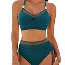 Blooming Jelly Women High Waisted Bikini Sets Tummy Control Swimsuits Modest Mesh Metal Crisscross Back Bathing Suit (Small, Blue Green)