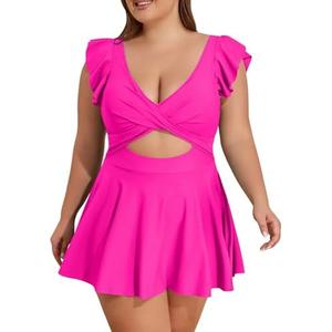 B2prity Women's Plus Size Swimsuit Tummy Control One Piece Swimdress Ruffle V Neck Cutout Wrap Bathing Suit with Skirt 20W