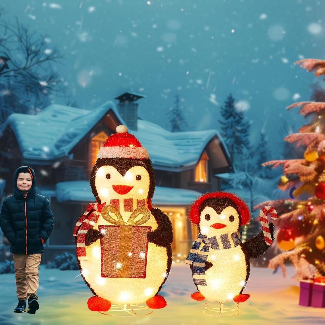 36" Lighted Christmas Penguin Decorations 2-Piece Christmas Outdoor Decorations Penguin Set with 75 Warm White LEDs, Expandable Decor for Yard, Garden, Storefront