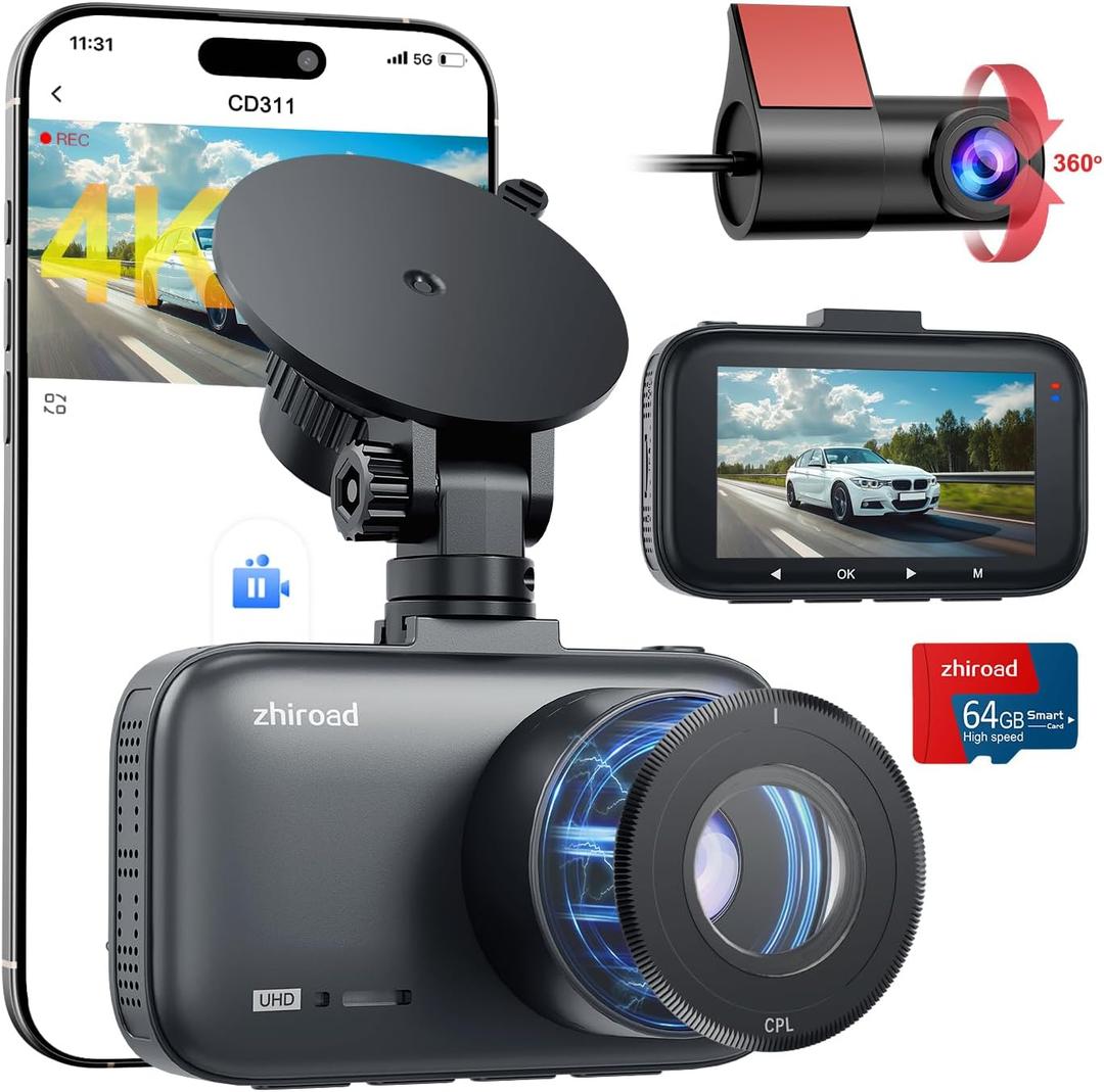 Dash Cam Front and Rear, 4K Dual Dash Cam with CPL Filter, Dash Camera for Cars-5GHz WiFi, 3" IPS Screen Dashcams for Cars with 64GB Card, App Control, Night Vision, Parking Monitor, Support 256GB Max