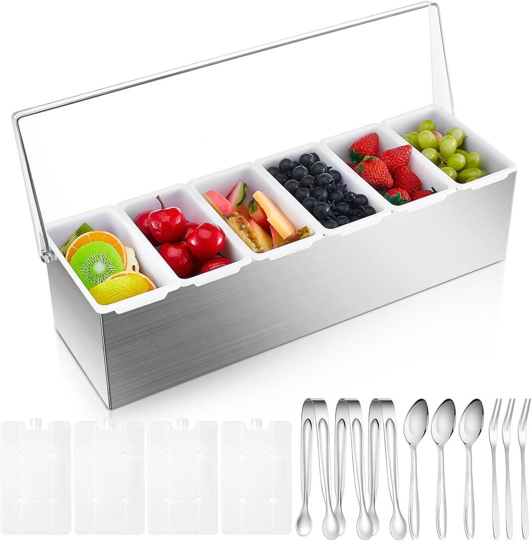 Mifoci 1 Pack Stainless Steel Chilled Condiment Server 6 Removable Slot Toppings Containers with Lid and Bottom Ice Bar Garnish Tray with 9 Silverwares 4 Ice Boxes for Christmas Party, Events and Bar, as shown in the picture