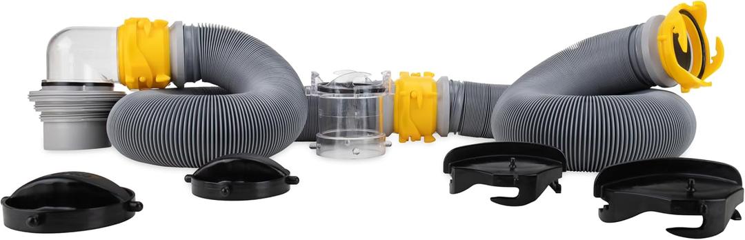Camco Deluxe Sewer Hose Kit with Swivel Fittings, Clear Elbow Fitting, Hoses, Storage Caps, and Bonus Clear Extender, 20 Feet (39658)