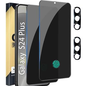 [2+2 Pack] Privacy Screen Protector Compatible with Galaxy S24 Plus 5G, 2 Tempered Glass Film with 2 Camera Lens Protectors, Easy Installation, High Clarity, Anti-Spy Protection
