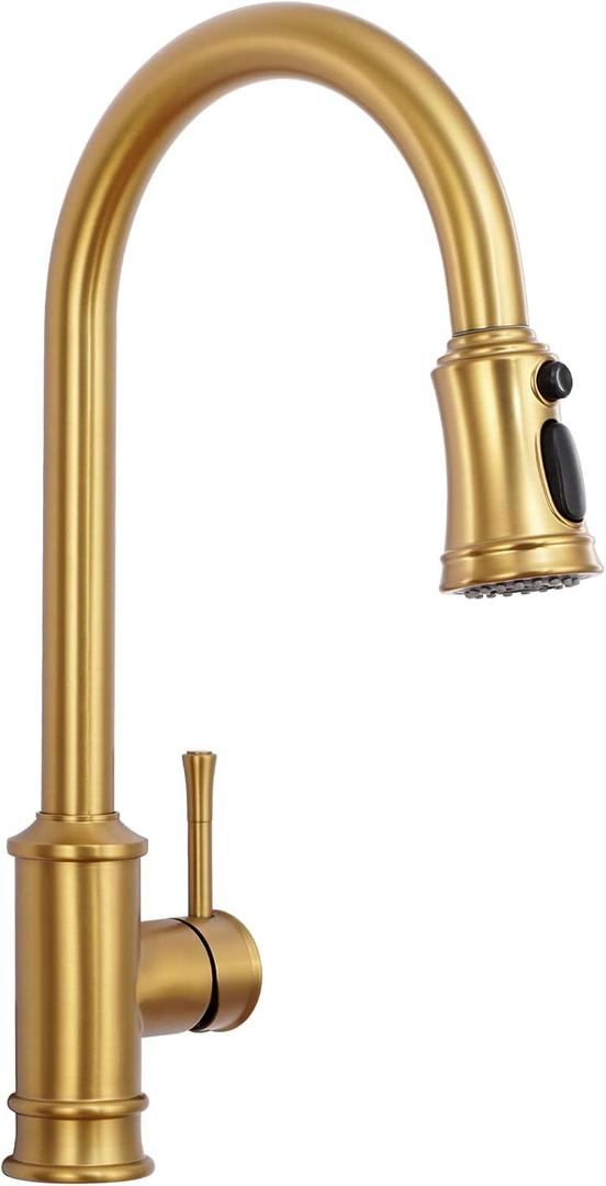 Gold Brushed Nickel Kitchen Faucet with Pull Down Sprayer, Vintage 3 Mode Sprayer Kitchen Sink Faucet for Praticial Use, Antique Farmhouse Style, Deck Mount