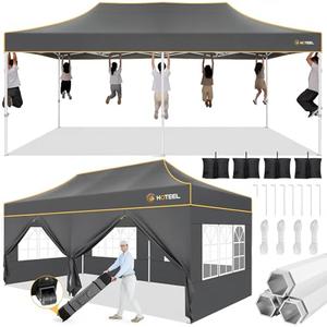 Hoteel 10x20 Pop Up Canopy Tent Heavy Duty with 6 Sidewalls, Waterproof Party Tent, Easy Set-up Commercial Instant Tents with Roller Bag & Sandbags, Hexagonal Leg 
