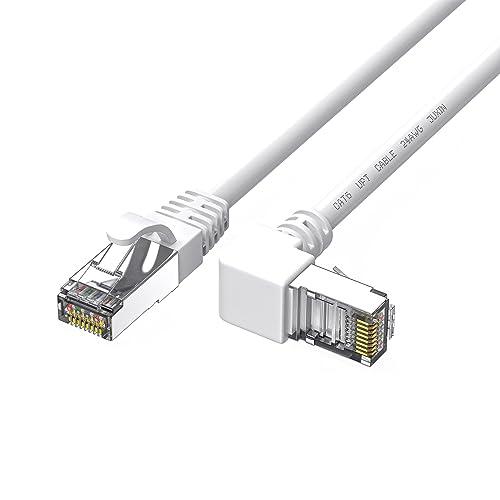 JUXINICE Cat6 Ethernet Cable - White, 90 Degree Right Angle, 10FT, RJ45 LAN, Gigabit Network