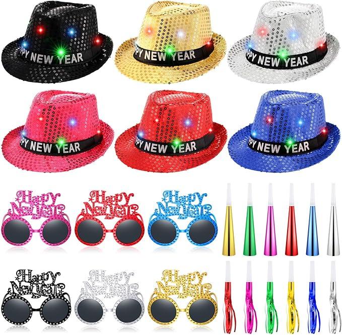 24 Pcs Happy New Year 2026 Party Supplies Includes 6 New Year Eve LED Sequin Hats 6 Light Up Flashing Glasses 6 Noisemakers 6 Colorful Horn Blowouts for Party Decorations