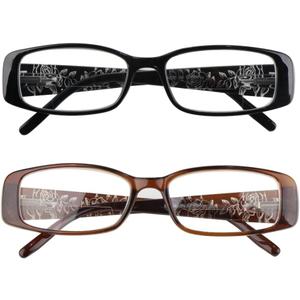 2 Pairs Rectangular Bifocal Reading Glasses for Women,Designer Laser Flower Frame Reader Glasses With Spring Hinge (1 Black & 1 Brown)