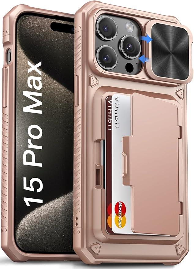 Vihibii for iPhone 15 Pro Max Wallet Case with Card Holder (4 Cards) & Slide Lens Cover & Stand, Shockproof Rugged Hard Back & Raised Edges Protection Case for iPhone 15 Pro Max, 6.7" 2023, Rose Gold