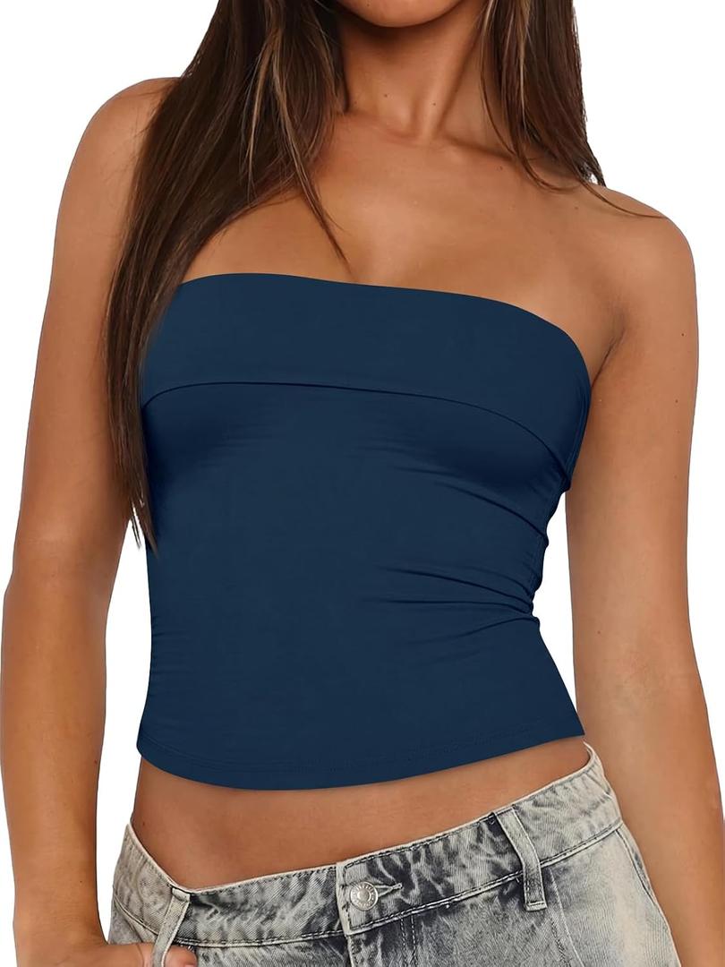 Tankaneo Womens Strapless Tube Tops Cropped Y2K Going Out Fitted Tank Tops | Summer Trendy, Layered Bandeau Shirts (Blue, L)