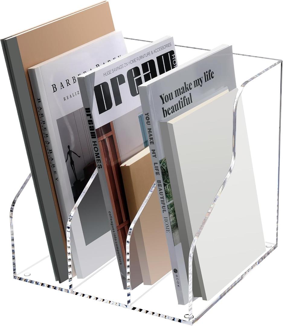 HeZone Desk File Organizer, Acrylic Magazine File Holder with 3 Vertical Compartments Rack File Sorter for Office Home Classroom Desk Organization, Clear