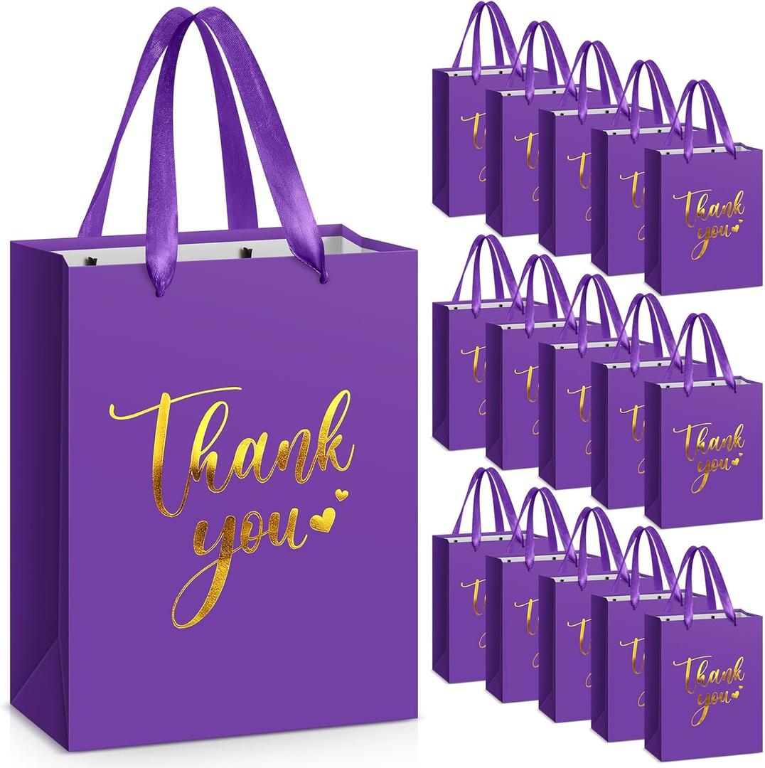 Kolldenn 16 Pcs Thank You Gift Bags Thank You Paper Bags with Handle Wrap Bags Bulk Totes for Birthdays Business Wedding Baby Shower Party Favors(10.63 x 8.27 x 3.94 Inches,Purple)