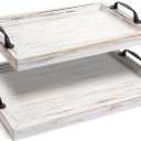 Rustic Serving Tray with Handles - 2 Nesting Trays for Serving Food - Wooden Tray for Decor, Coffee Table & Ottoman - Large Serving Tray with Distressed White Finish to Complement Any Decor