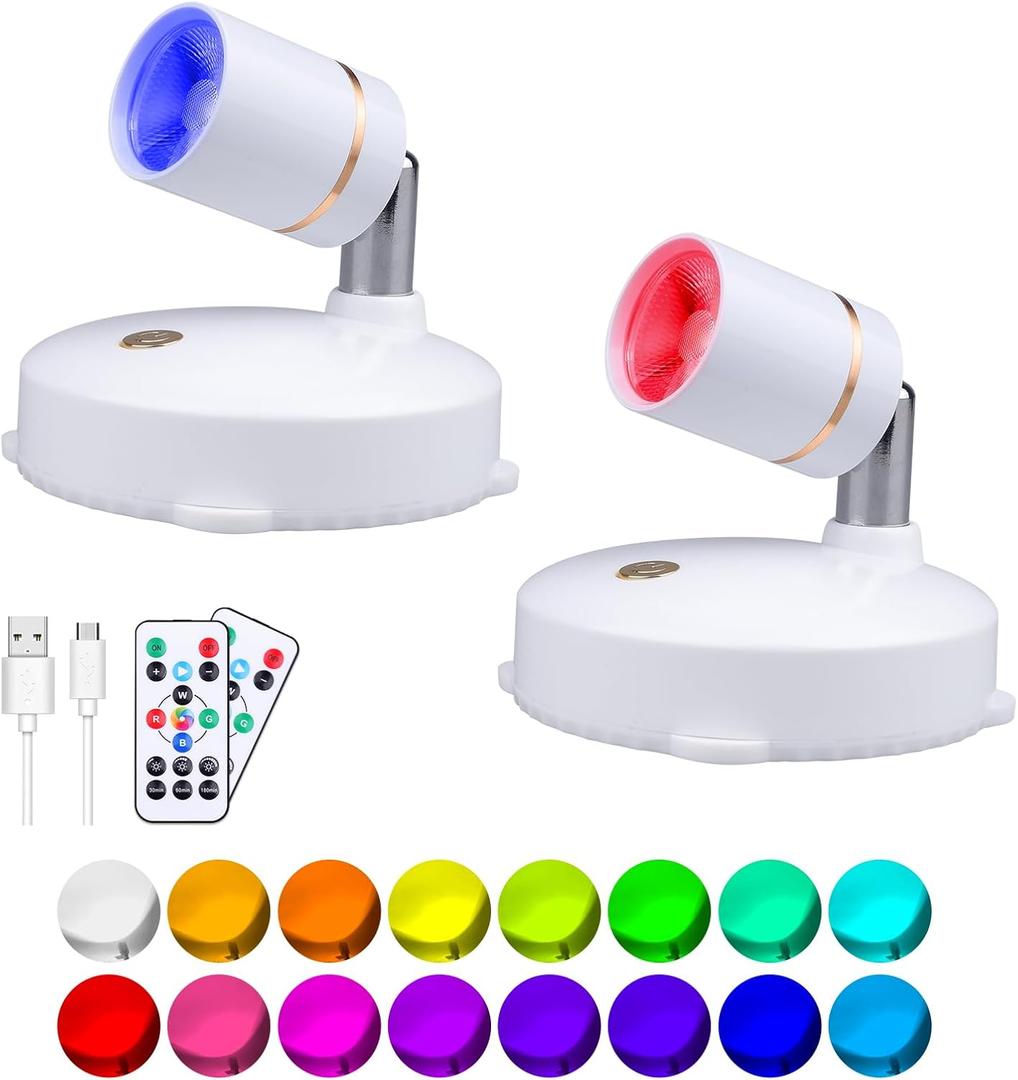 LEASTYLE Wireless Spotlights with Remote,RGBW Rechargeable Sopt Lights Indoor,16 Color Changing Battery Operated Lights with Timer Dimmable Accent Light Plant Light,2 Pack,White
