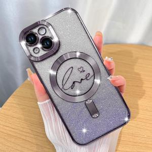 ZIYE Magnetic Case Designed for iPhone 14 Plus Glitter Case Luxury Plating Love Heart Compatible with MagSafe Clear Case with Camera Protector Protection Shockproof Cover for Women Girls-Purple