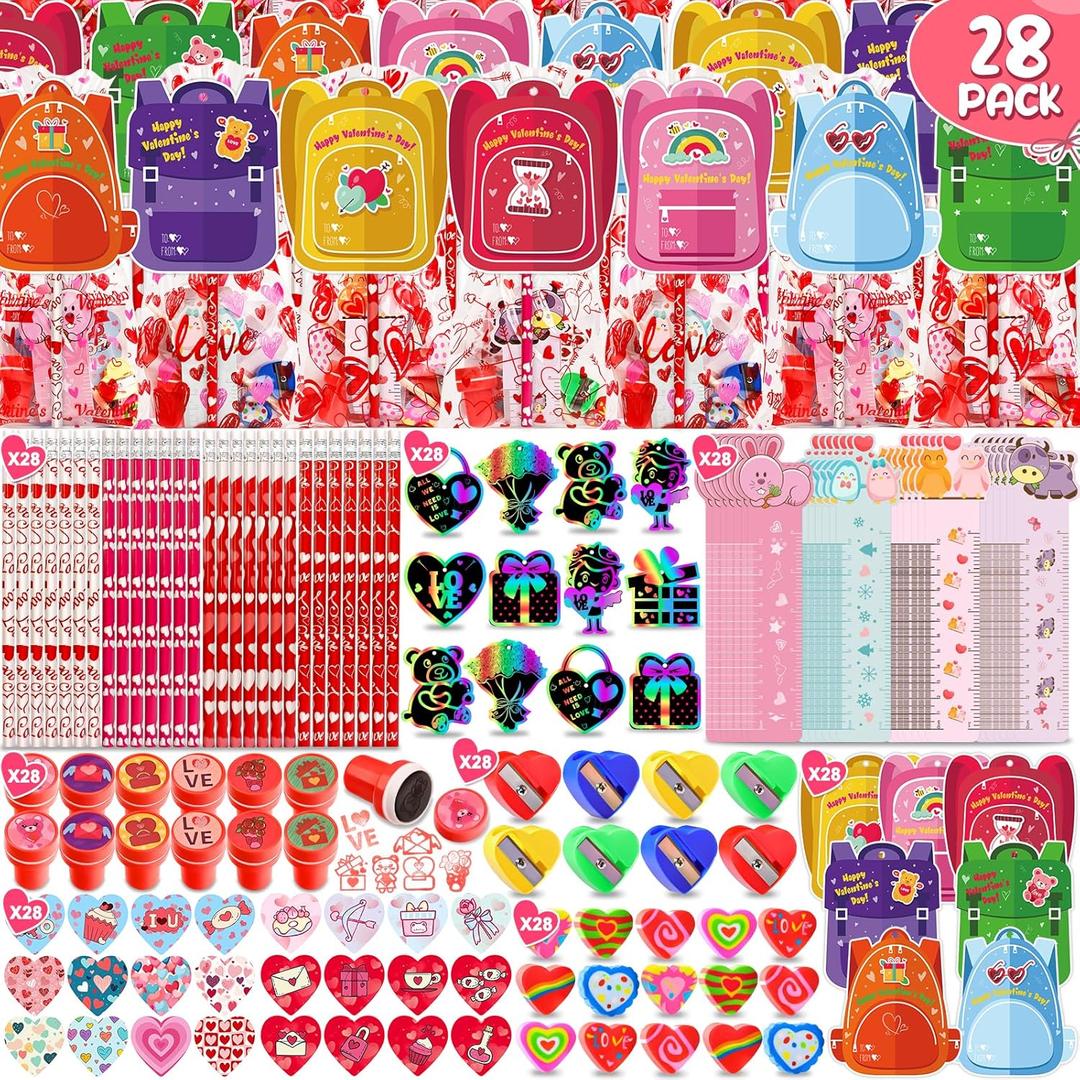 Valentines Day Gifts for Kids - 28 Pack Valentines Day Stationery Gift for School with Cards Pencils Erasers Sharpener Stampers Goodie Bags for Classroom Prize School Exchange Boys Girls Party Favors