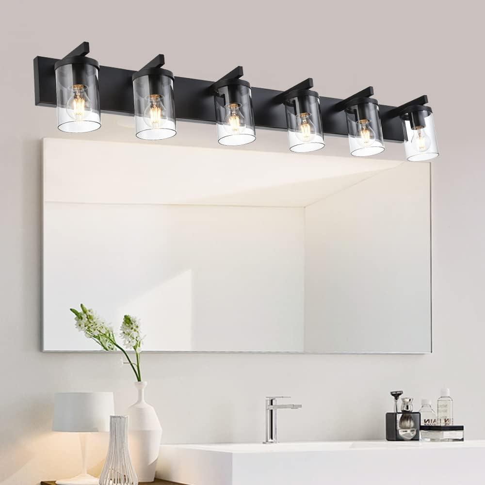 BONLICHT Black Vanity Light Glass Wall Sconce 6 Light Farmhouse Bathroom Light Fixture Over Mirror,Industrial Vintage Bath Lighting Interior Wall Lights Modern Wall Lamp for Dining Room Kitchen Office