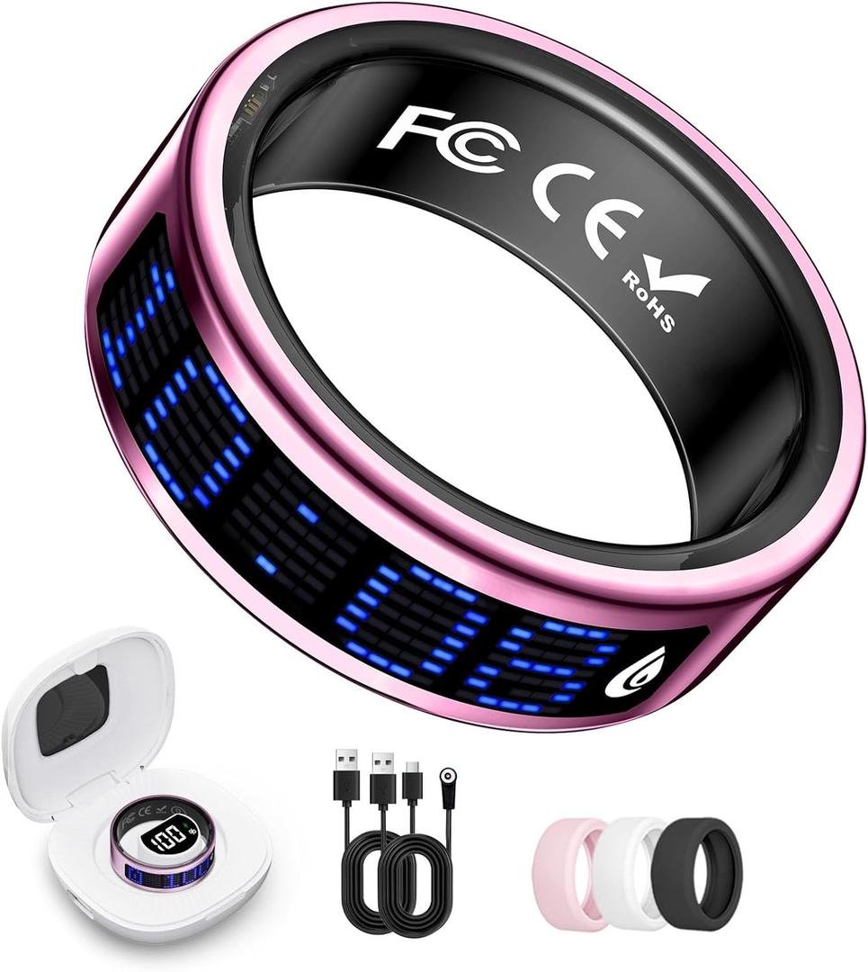 Smart Ring for Women & Men, Fitness & Health Tracker with Display Screen, IP68 Waterproof Smart Rings for Health Monitoring, Fitness Tracker Ring with Call Notification, No App Fees (Pink, 8#)