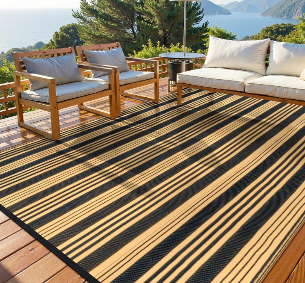 LEEVAN Waterproof Outdoor Rug 8x10 Black and Brown Patio Rug Clearance