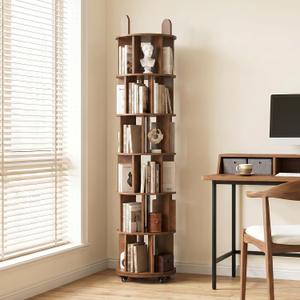 Kryonix 6 Tier Solid Wood Rotating Bookshelf on Wheels, Spinning Bookcase | Tall Space-Saving 360 Revolving Bookshelf Tower, Corner Round Turning Book Shelf Organizer For Small Spaces, Sturdy & Stable