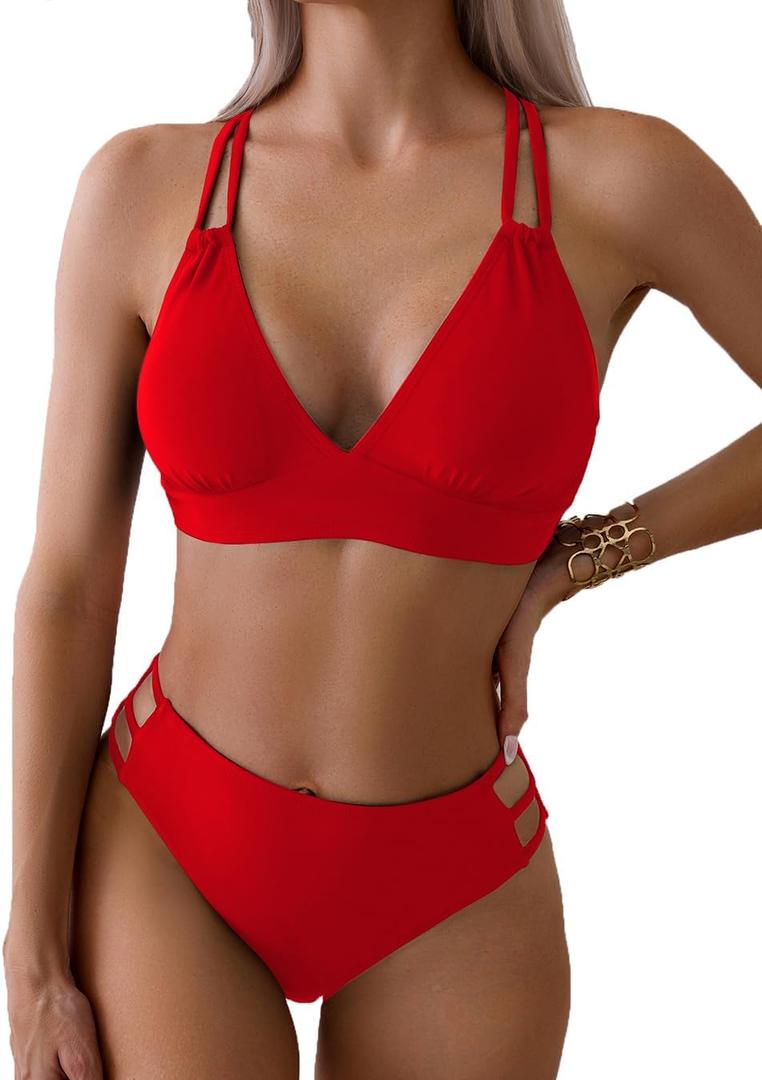 Tainehs Women's Push Up V Neck Bikini Sets Criss Cross Back Two Piece Bathing Suit (Medium, Red)